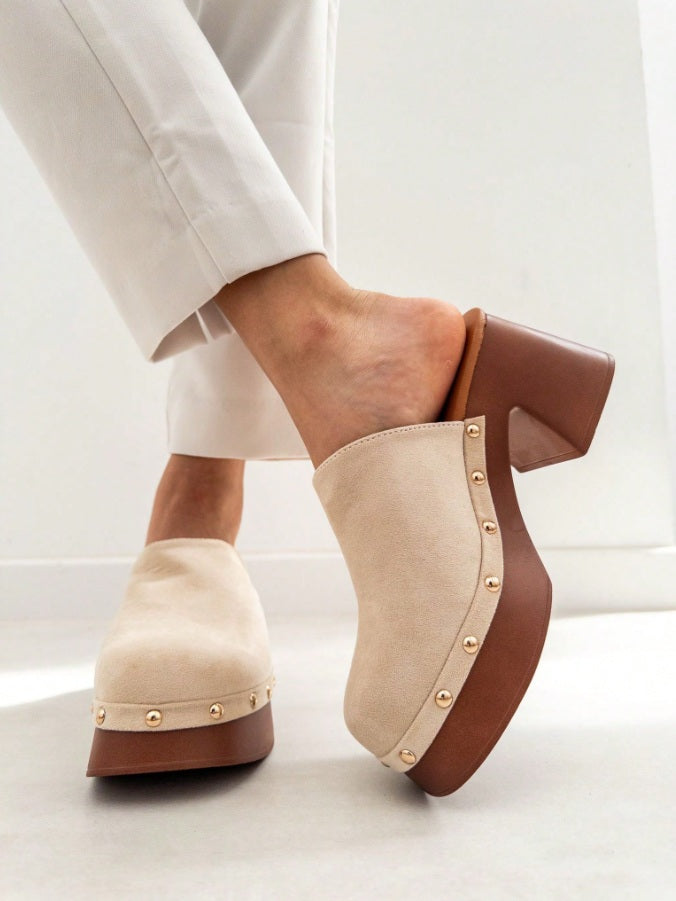 Cream Square platform studded clogs