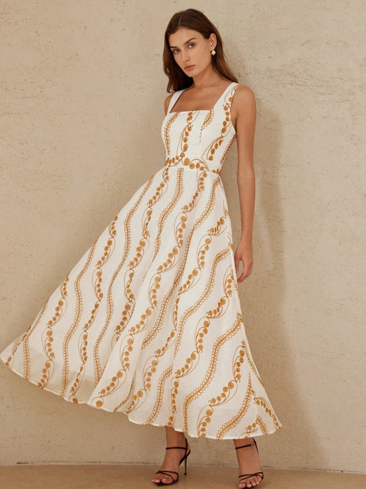 Long dress with box neckline and orange root texture