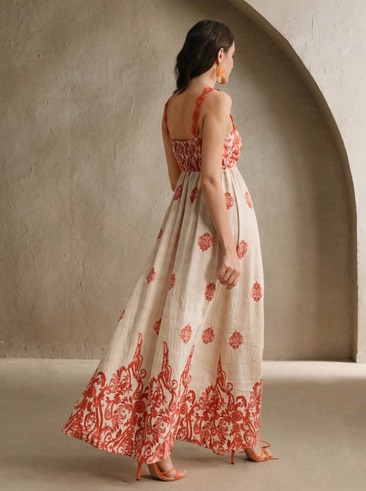 Catalia Long linen dress with high waist and embroidered chain handles