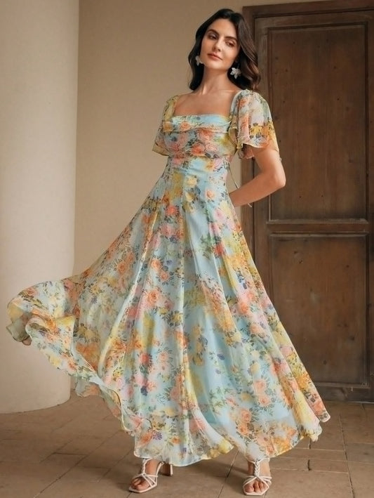 Pompeii long princess line dress with total print and flutter sleeves