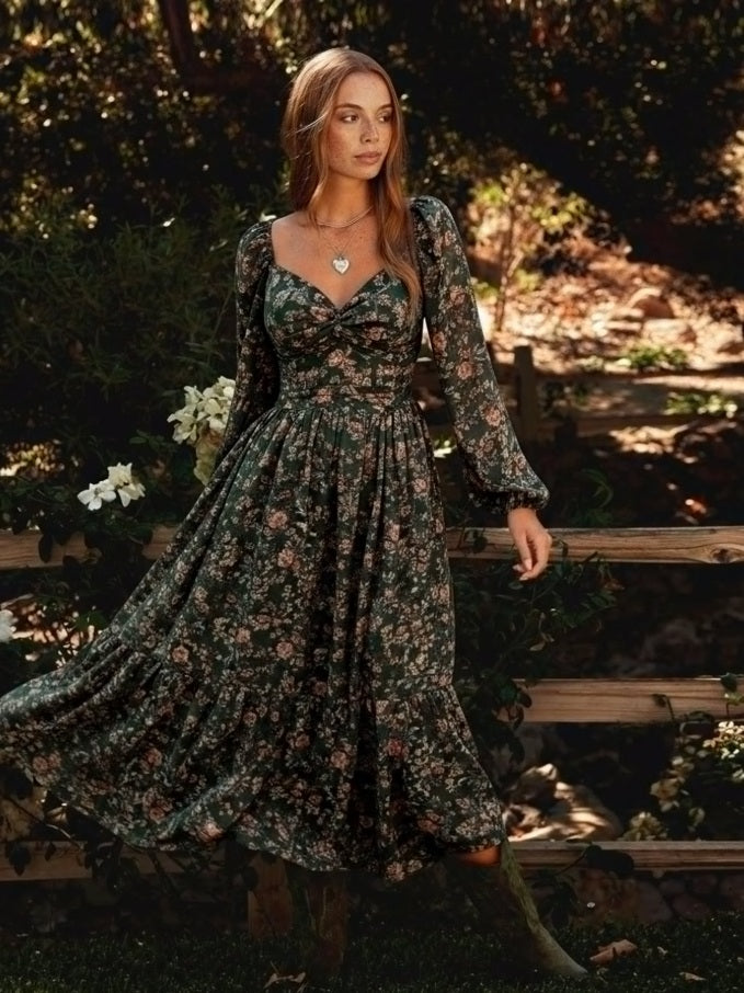 Long dress with gardenia pattern and Queen Anne neckline