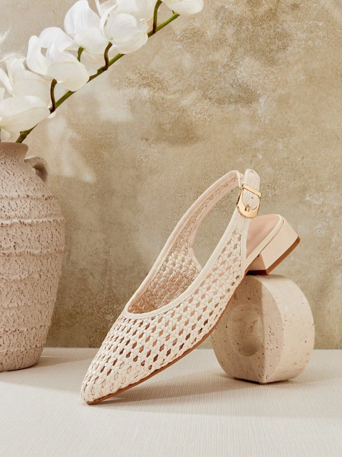 Ivory Fishnet fabric ballet flats