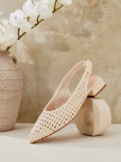 Ivory Fishnet fabric ballet flats