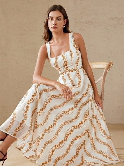 Long dress with box neckline and orange root texture