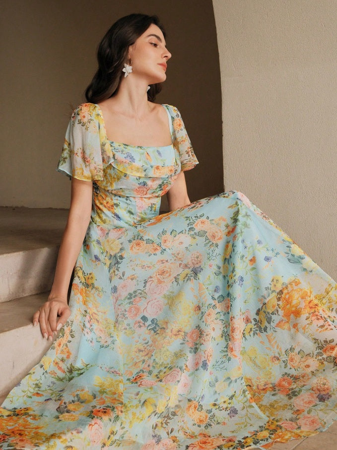 Pompeii long princess line dress with total print and flutter sleeves