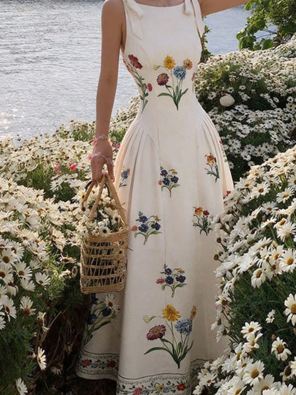 Long princess line dress with bow handles and bouquet print