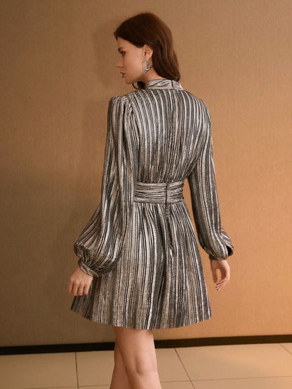 Metallic style blouson dress with long sleeves