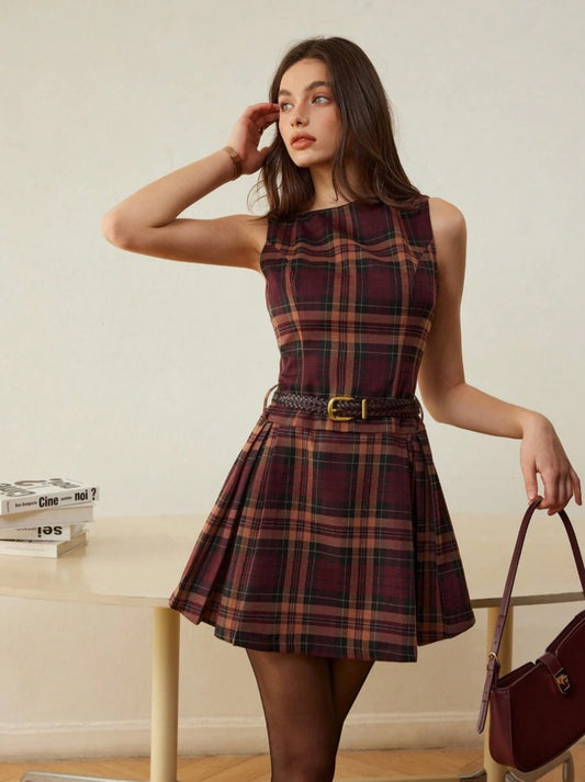 Tudor plaid dress with jewel neck