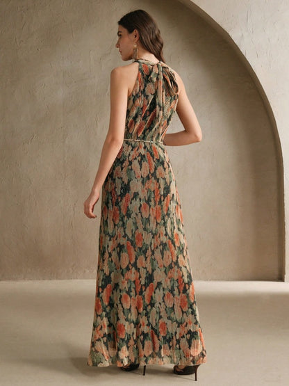 Gauguin emerald and terracota long dress with halter neck