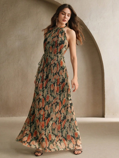 Gauguin emerald and terracota long dress with halter neck