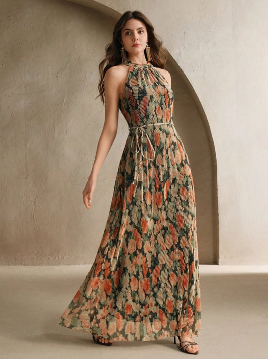 Gauguin emerald and terracota long dress with halter neck