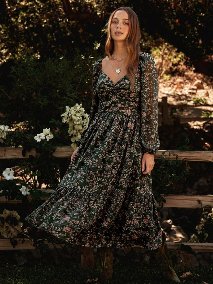 Long dress with gardenia pattern and Queen Anne neckline